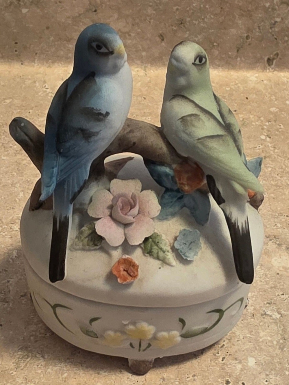 Vintage Lefton Porcelain Bisque Bird Trinket Box with Blue and Green Birds
